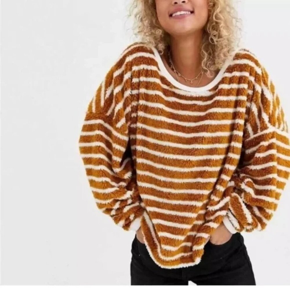 Free People Breton Autumn Pearl Striped Sherpa Pullover Sweatshirt
